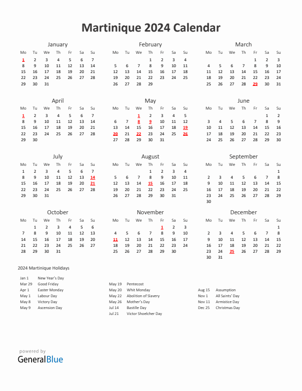 2024 Yearly Calendar Printable With Martinique Holidays