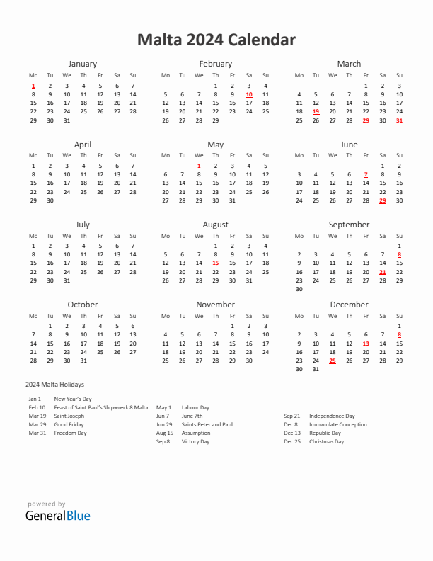 2024 Yearly Calendar Printable With Malta Holidays