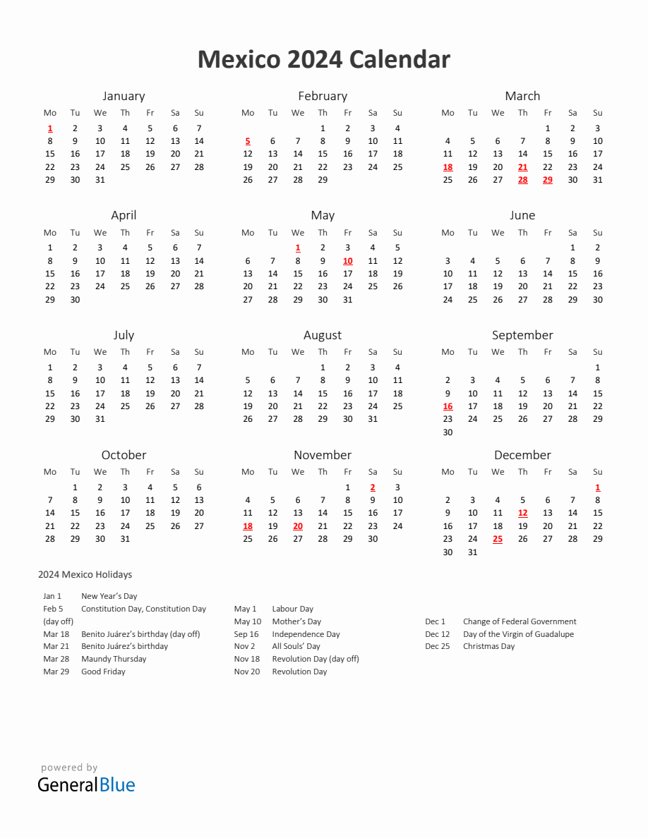2024 Yearly Calendar Printable With Mexico Holidays