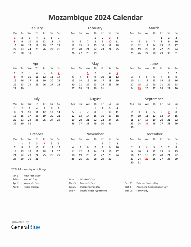 2024 Yearly Calendar Printable With Mozambique Holidays