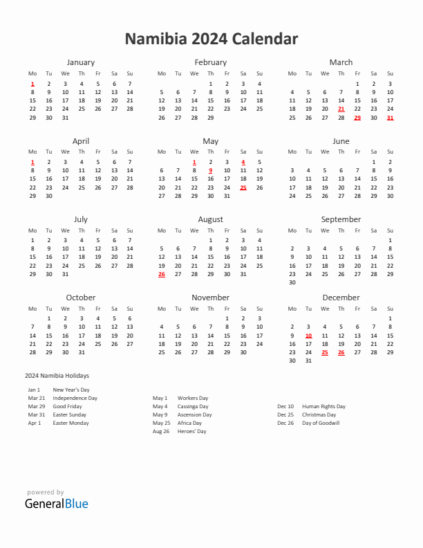2024 Yearly Calendar Printable With Namibia Holidays