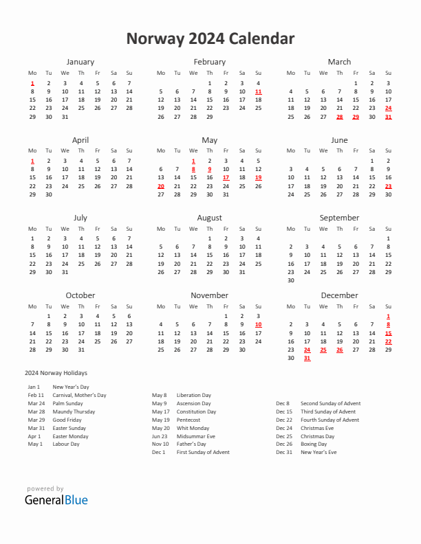2024 Yearly Calendar Printable With Norway Holidays