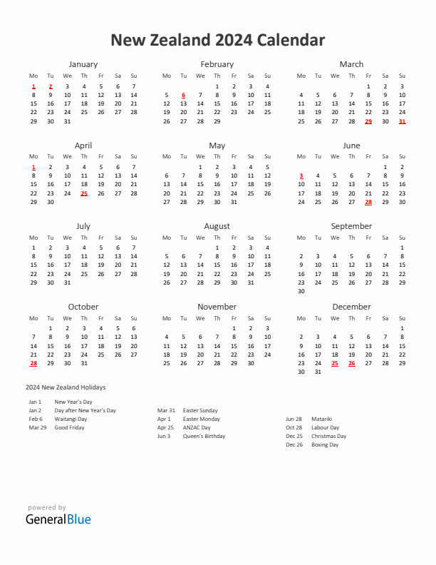 2024 Yearly Calendar Printable With New Zealand Holidays