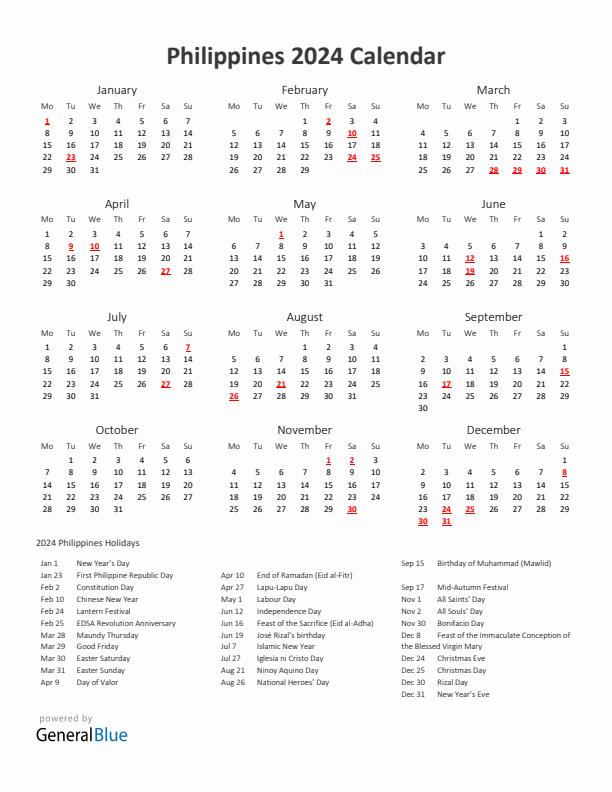 2024 Philippines Calendar with Holidays