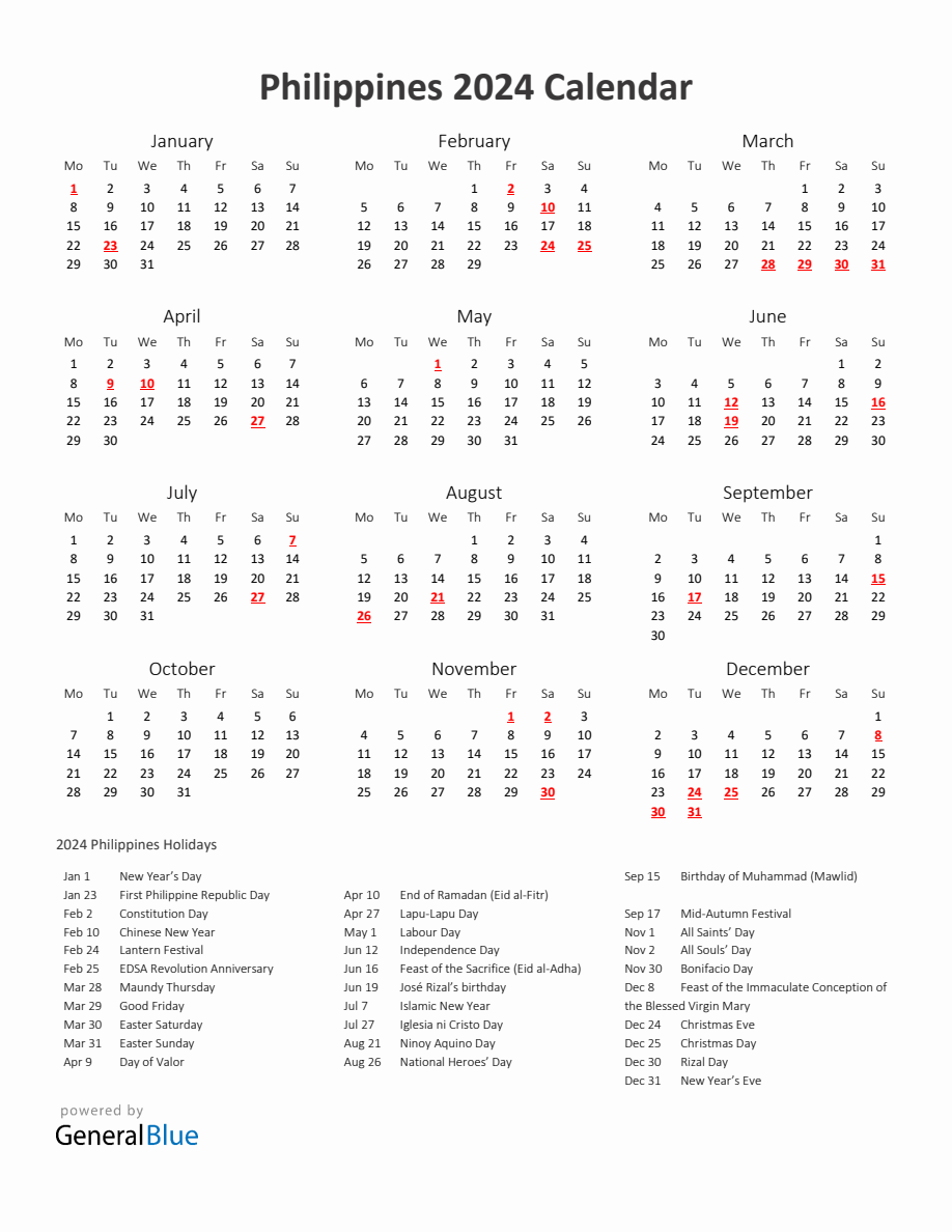 2024 Yearly Calendar Printable With Philippines Holidays