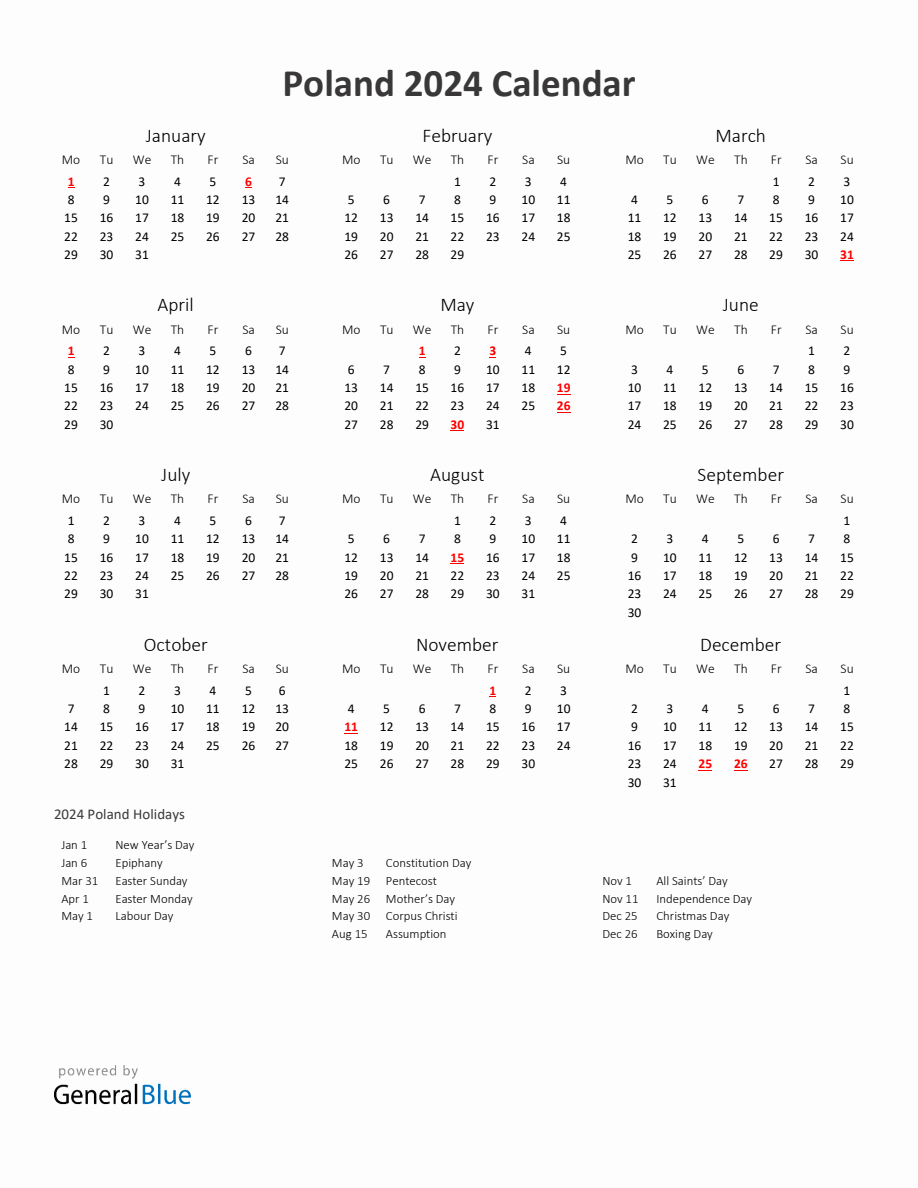 2024 Yearly Calendar Printable With Poland Holidays