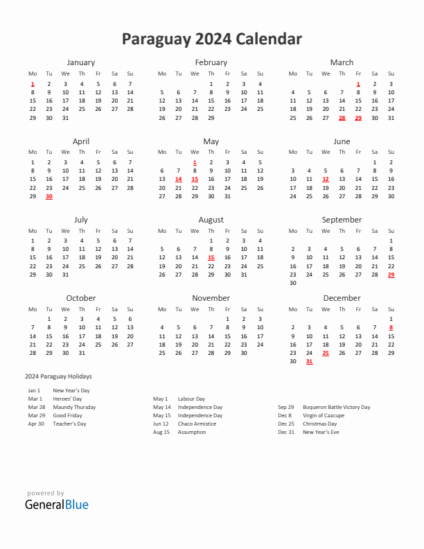 2024 Yearly Calendar Printable With Paraguay Holidays