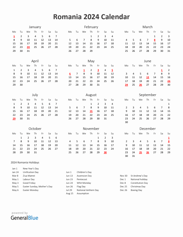 2024 Yearly Calendar Printable With Romania Holidays