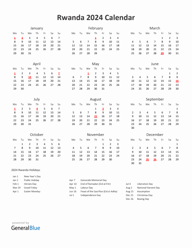 2024 Yearly Calendar Printable With Rwanda Holidays