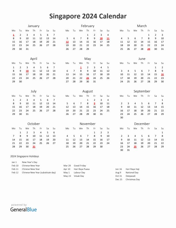 2024 Yearly Calendar Printable With Singapore Holidays