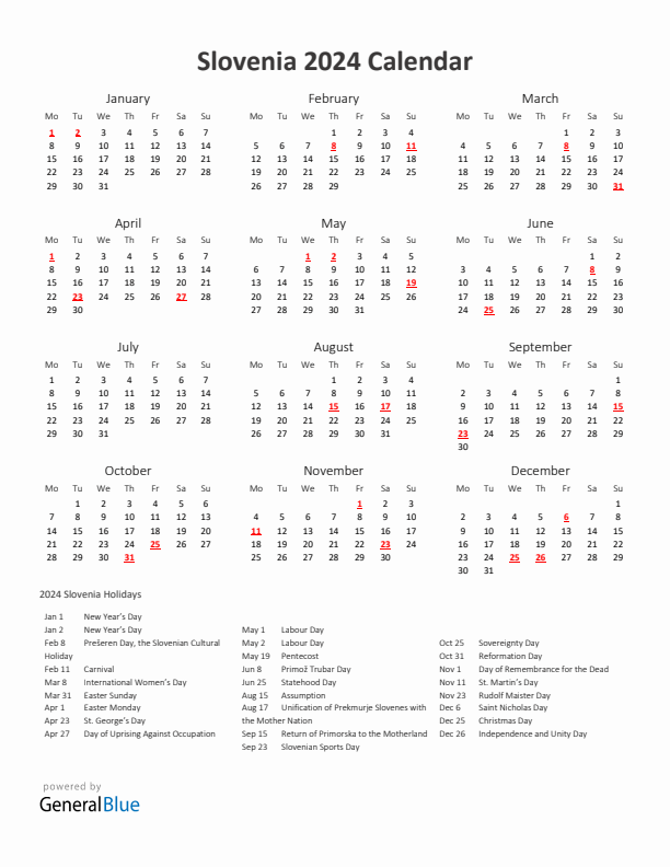 2024 Yearly Calendar Printable With Slovenia Holidays