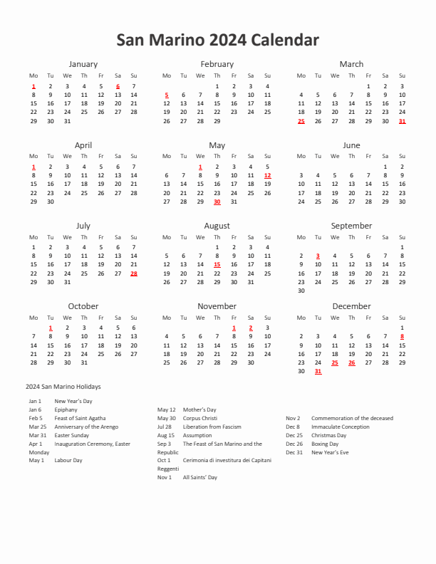 2024 Yearly Calendar Printable With San Marino Holidays