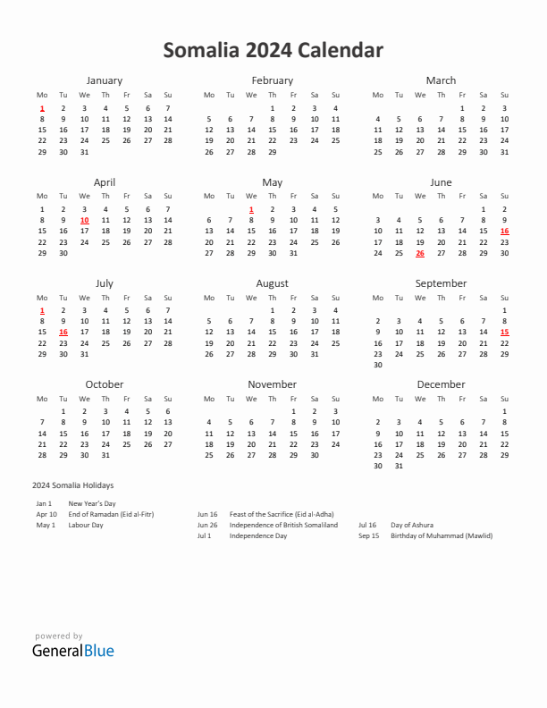 2024 Yearly Calendar Printable With Somalia Holidays