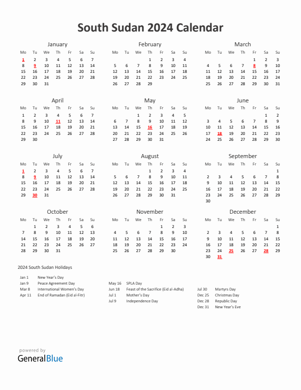 2024 Yearly Calendar Printable With South Sudan Holidays