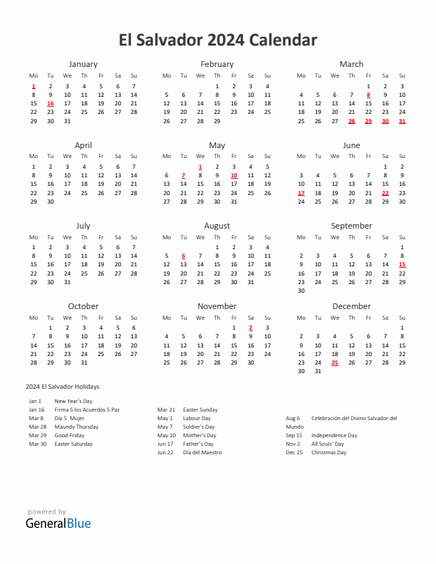 2024 Yearly Calendar Printable With El Salvador Holidays