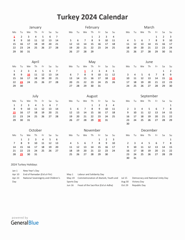2024 Yearly Calendar Printable With Turkey Holidays