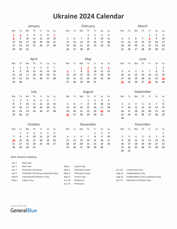 2024 Yearly Calendar Printable With Ukraine Holidays