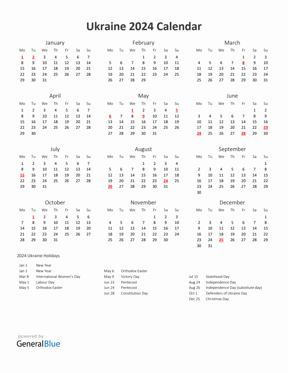 2024 Yearly Calendar Printable With Ukraine Holidays