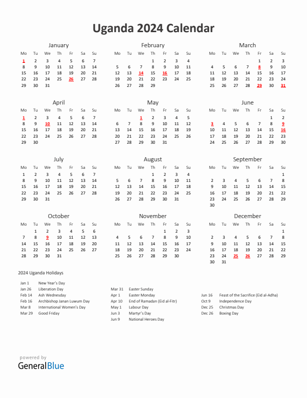 2024 Yearly Calendar Printable With Uganda Holidays