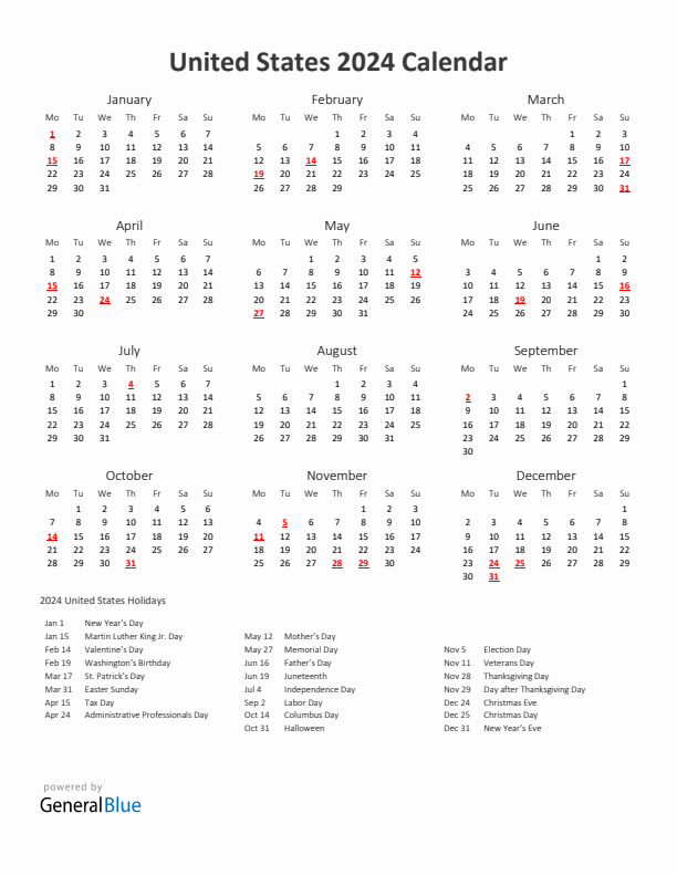 2024 Yearly Calendar Printable With United States Holidays