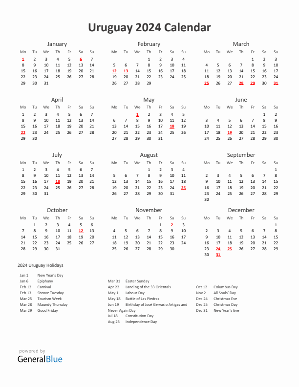 2024 Yearly Calendar Printable With Uruguay Holidays