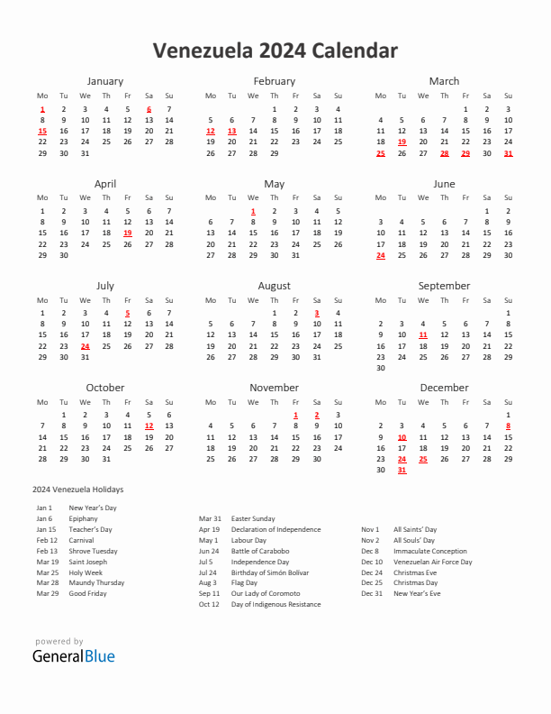 2024 Yearly Calendar Printable With Venezuela Holidays