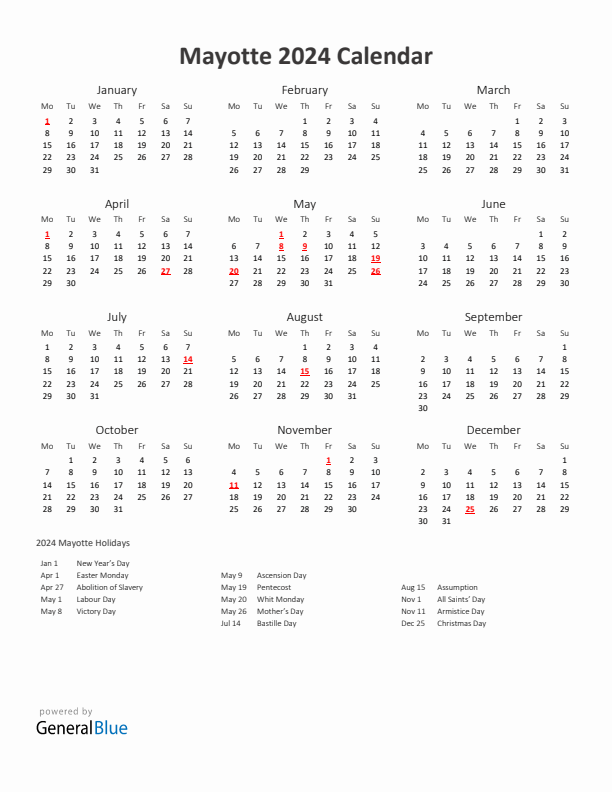 2024 Yearly Calendar Printable With Mayotte Holidays