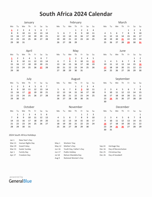 2024 Yearly Calendar Printable With South Africa Holidays