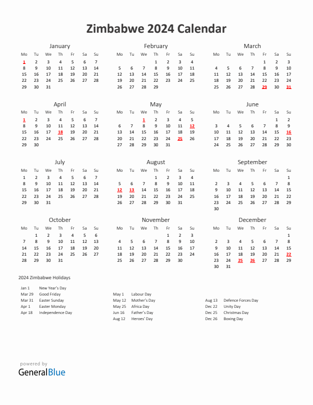 2024 Yearly Calendar Printable With Zimbabwe Holidays