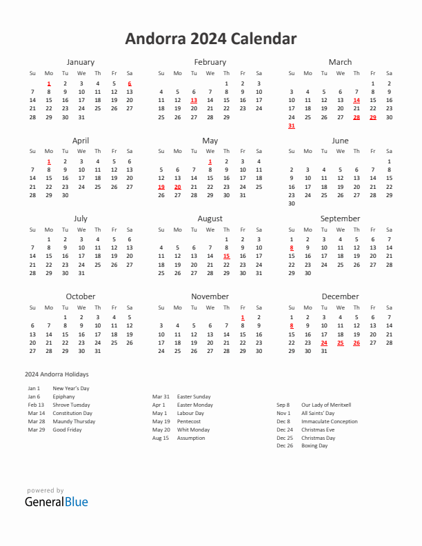 2024 Yearly Calendar Printable With Andorra Holidays