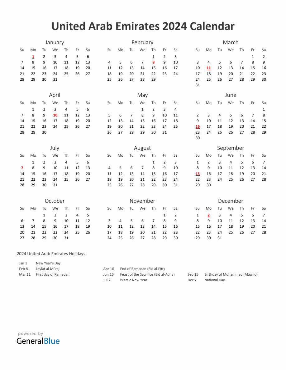 2024 Yearly Calendar Printable With United Arab Emirates Holidays