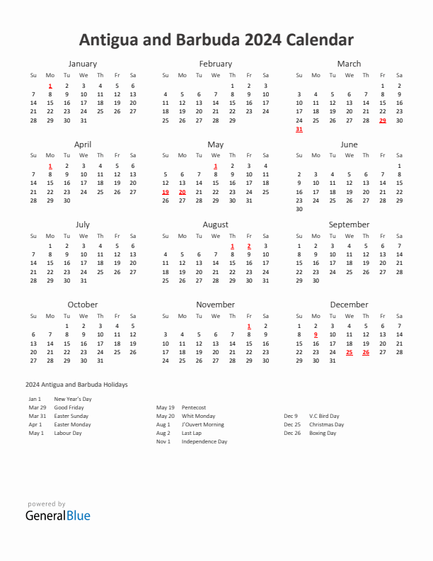 2024 Yearly Calendar Printable With Antigua and Barbuda Holidays