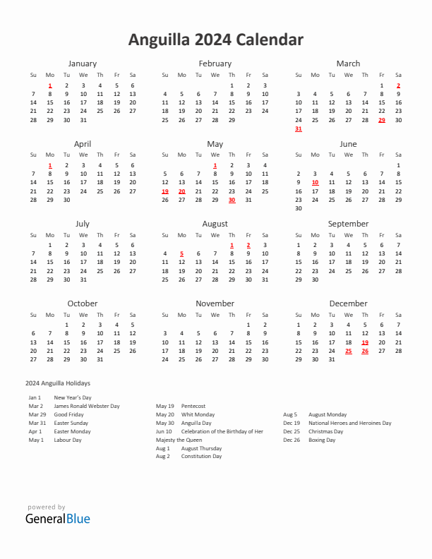 2024 Yearly Calendar Printable With Anguilla Holidays