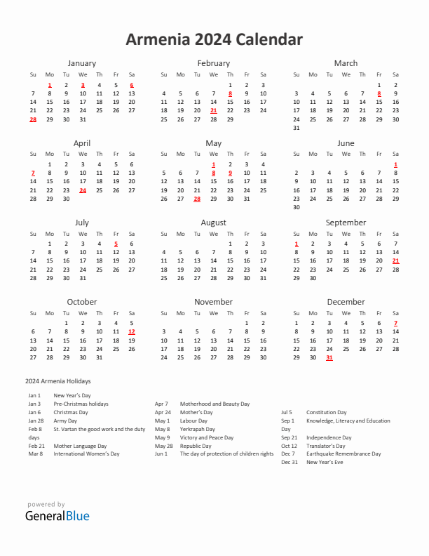 2024 Yearly Calendar Printable With Armenia Holidays