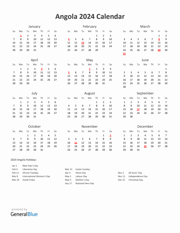 2024 Yearly Calendar Printable With Angola Holidays