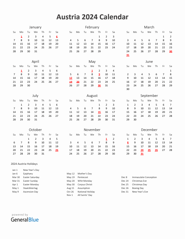 2024 Yearly Calendar Printable With Austria Holidays