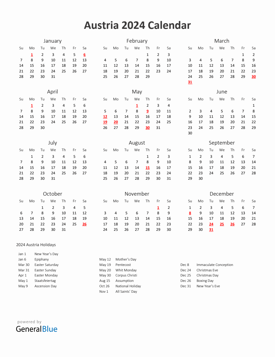 2025 Yearly Calendar Printable With Austria Holidays