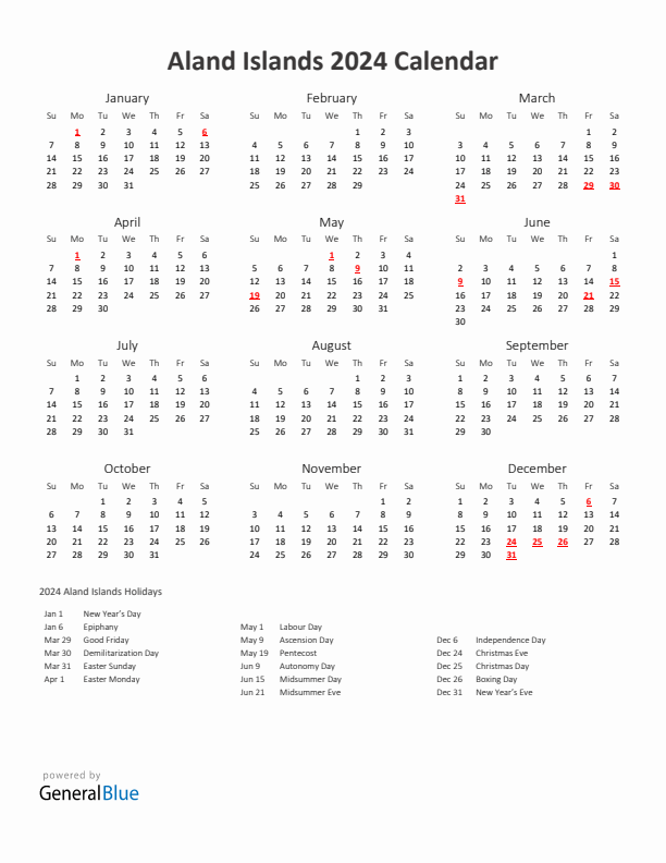 2024 Yearly Calendar Printable With Aland Islands Holidays
