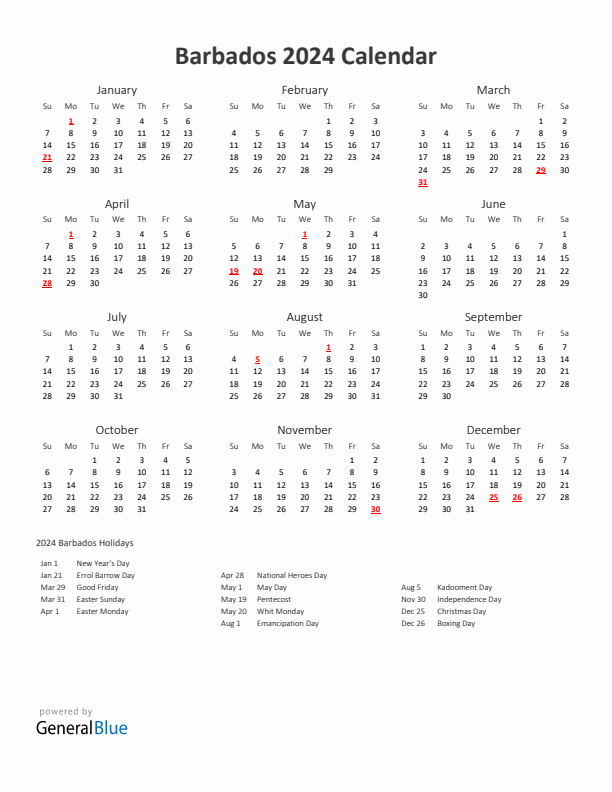 2024 Yearly Calendar Printable With Barbados Holidays