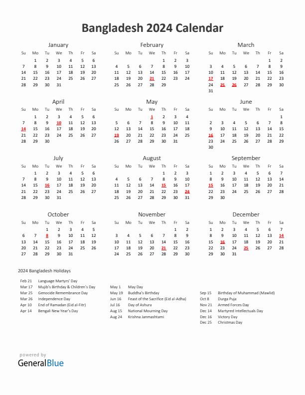 2024 Yearly Calendar Printable With Bangladesh Holidays