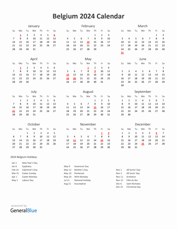 2024 Yearly Calendar Printable With Belgium Holidays