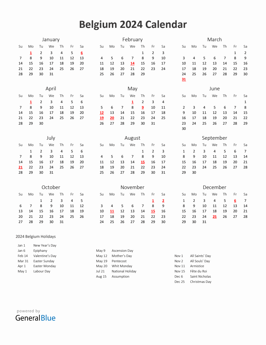 2024 Yearly Calendar Printable With Belgium Holidays