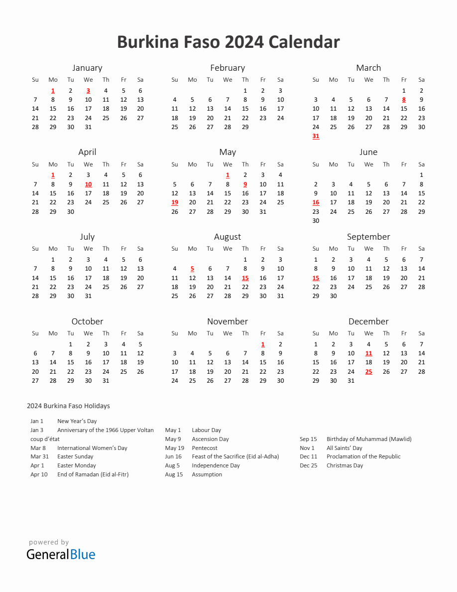 2024 Yearly Calendar Printable With Burkina Faso Holidays