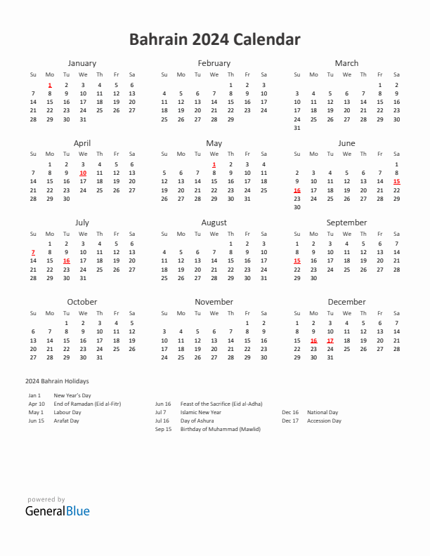 2024 Yearly Calendar Printable With Bahrain Holidays