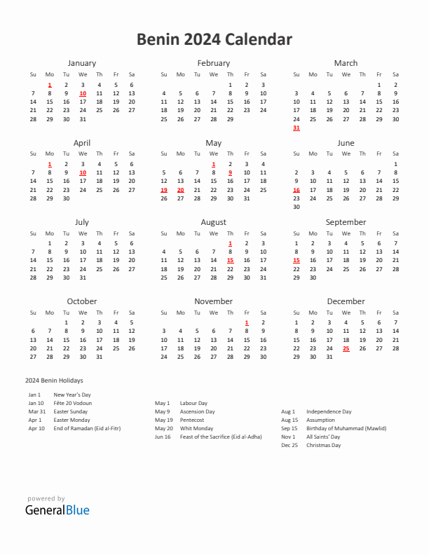 2024 Yearly Calendar Printable With Benin Holidays