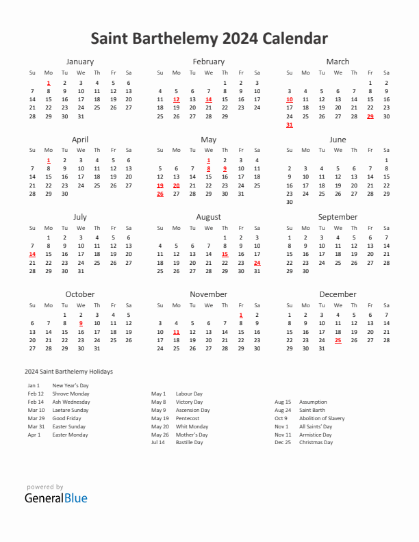 2024 Yearly Calendar Printable With Saint Barthelemy Holidays