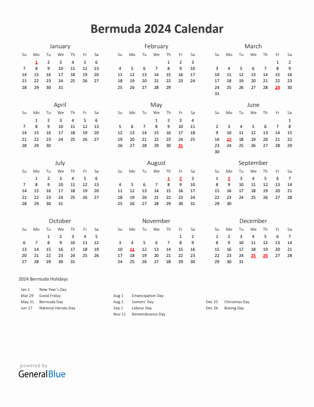 2024 Yearly Calendar Printable With Bermuda Holidays