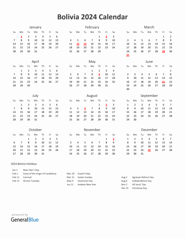 2024 Yearly Calendar Printable With Bolivia Holidays