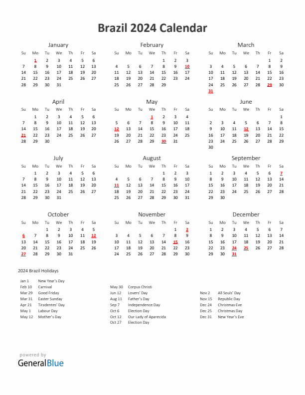 2024 Yearly Calendar Printable With Brazil Holidays