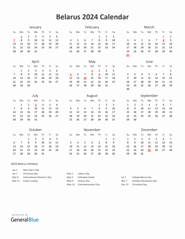 2024 Yearly Calendar Printable With Belarus Holidays